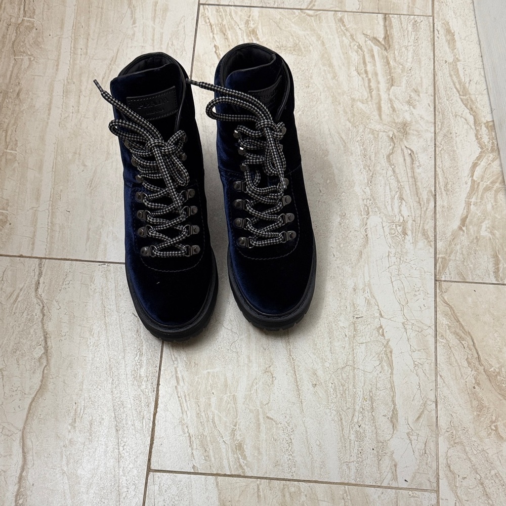 Prada Blue Velvet Boots with Black Accents